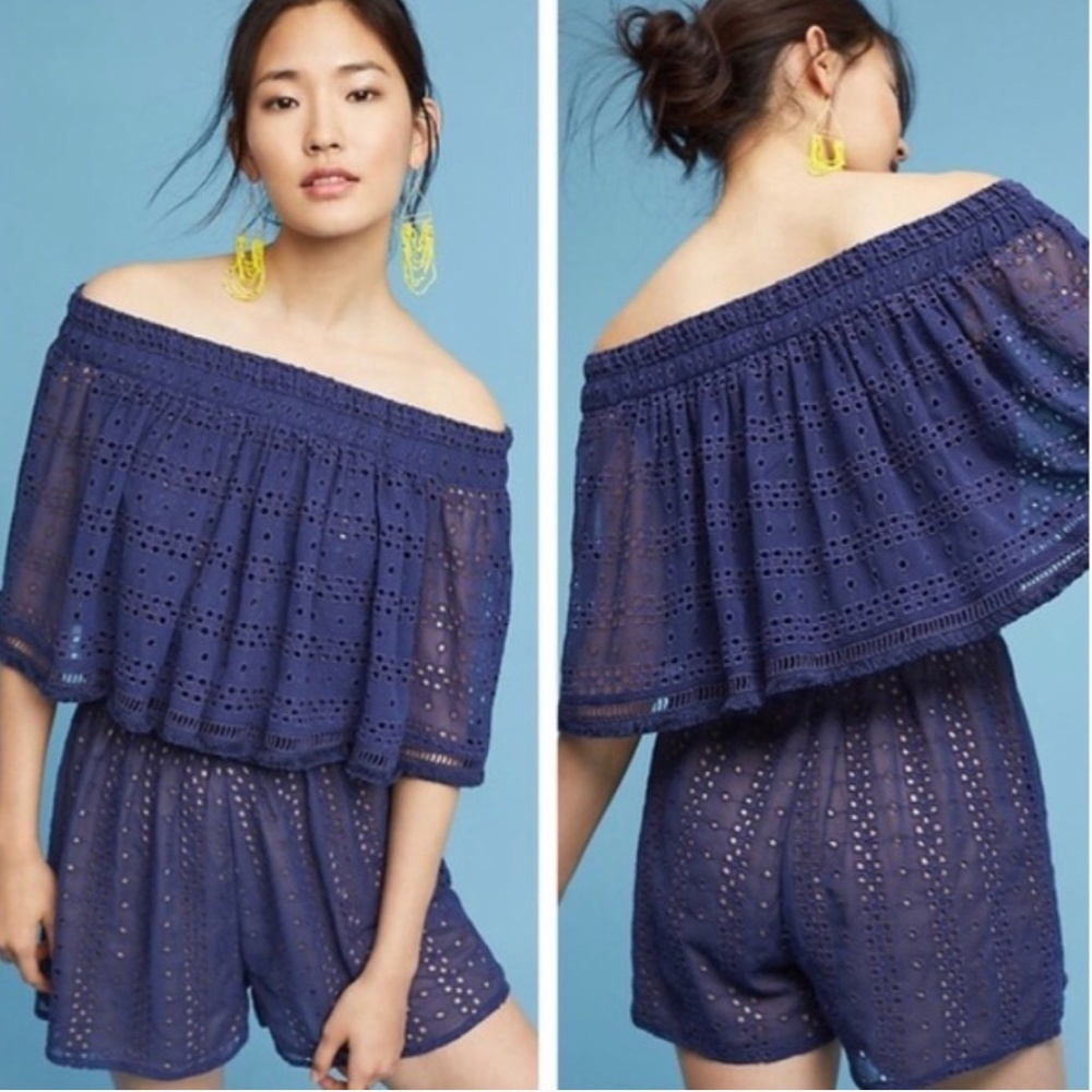 Navy Blue Anthropologie Ranna Gill Tiered Eyelet Romper Size Small